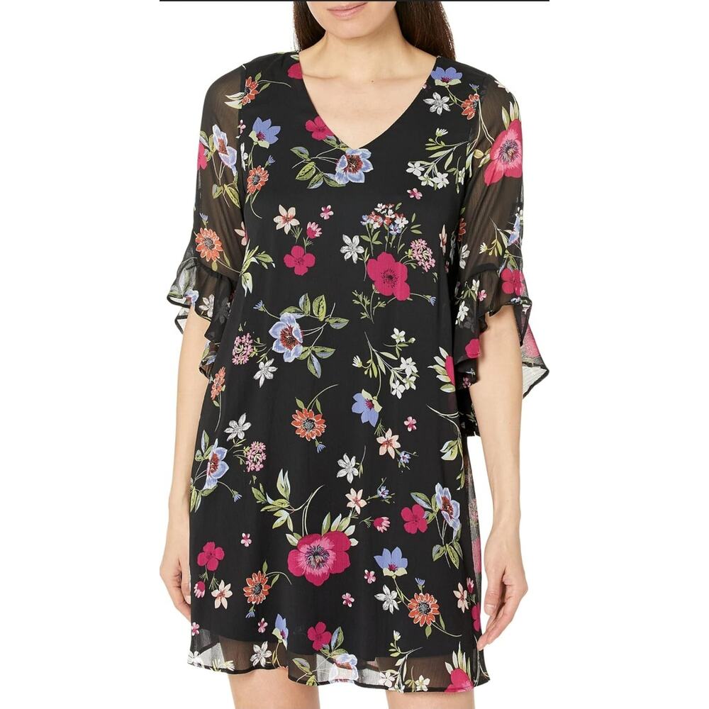 Calvin Klein Chiffon Floral Print Bell Sleeve Dress Size 14 NWT